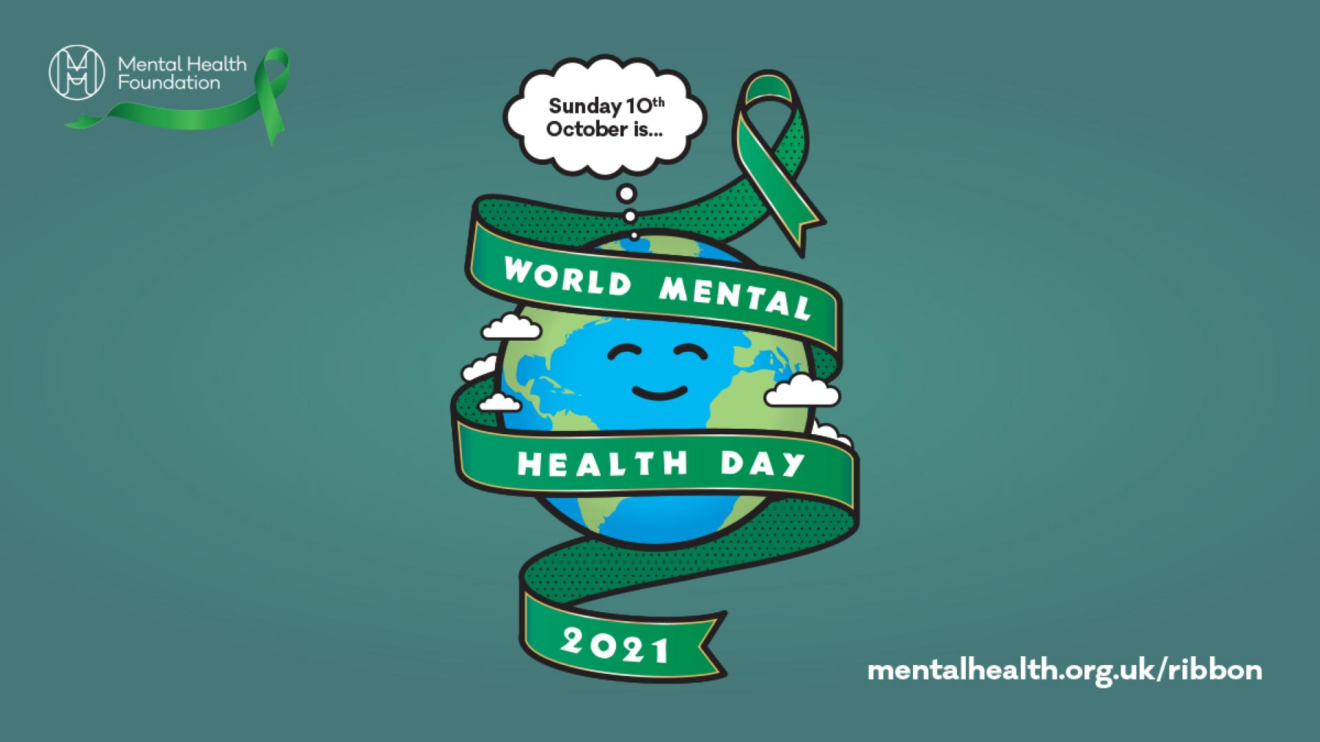 World Mental Health Day graphic with green ribbon wrapped around planet Earth