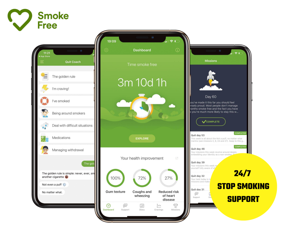 Screenshots of the Smoke Free app