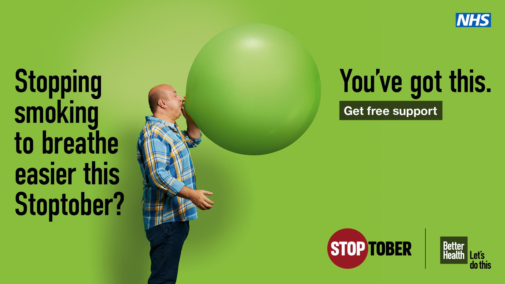 Green infographic with a man photographed blowing up a balloon and black text reading: 