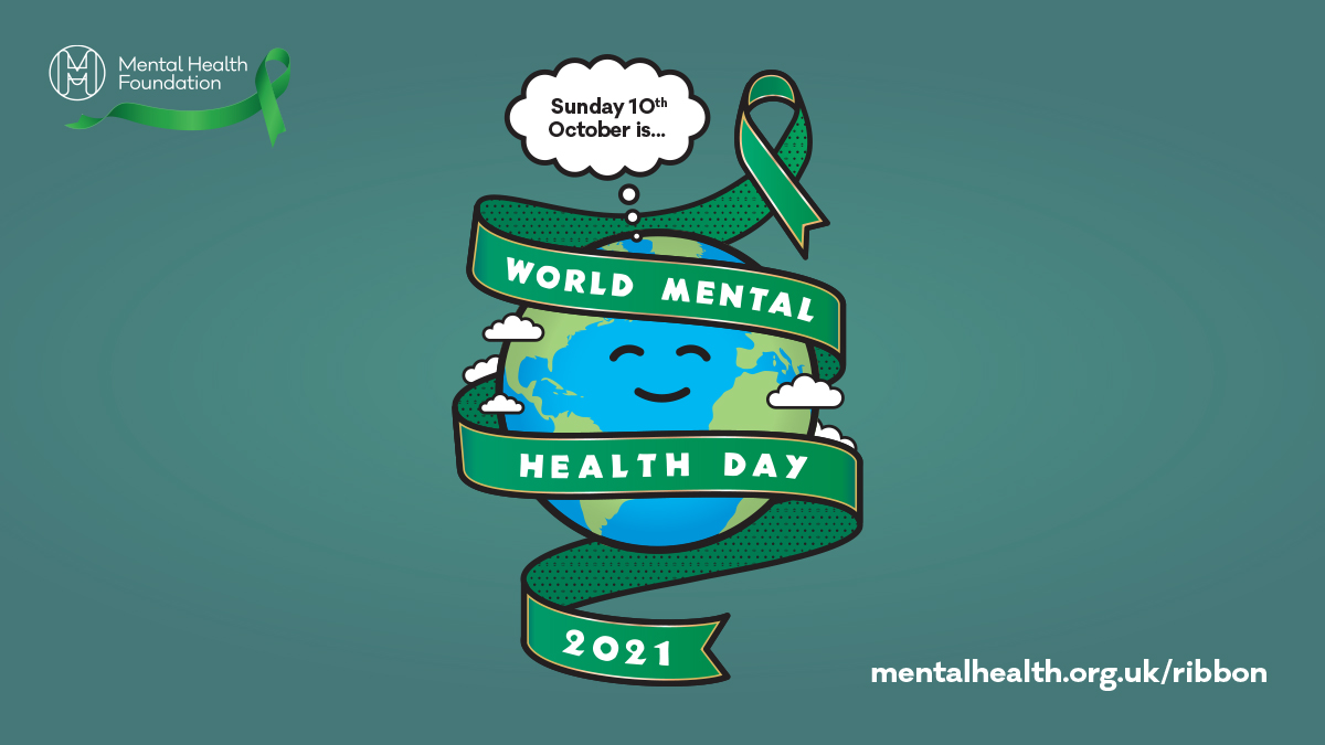 World Mental Health Day graphic with green ribbon wrapped around planet Earth
