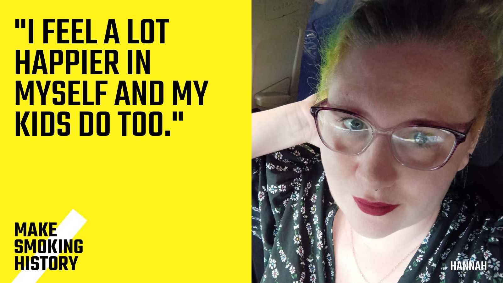 Photo of former smoker Hannah Bowden alongside text which reads: I feel a lot happier in myself and my kids do too.